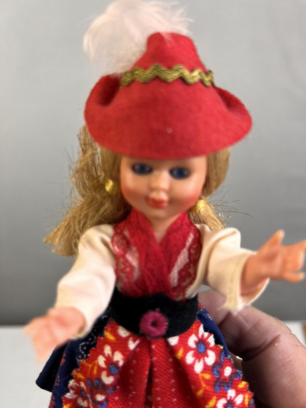 vintage German Doll 6" Red Dress Hat Blonde Hair Movable Eyes Arms Collectible